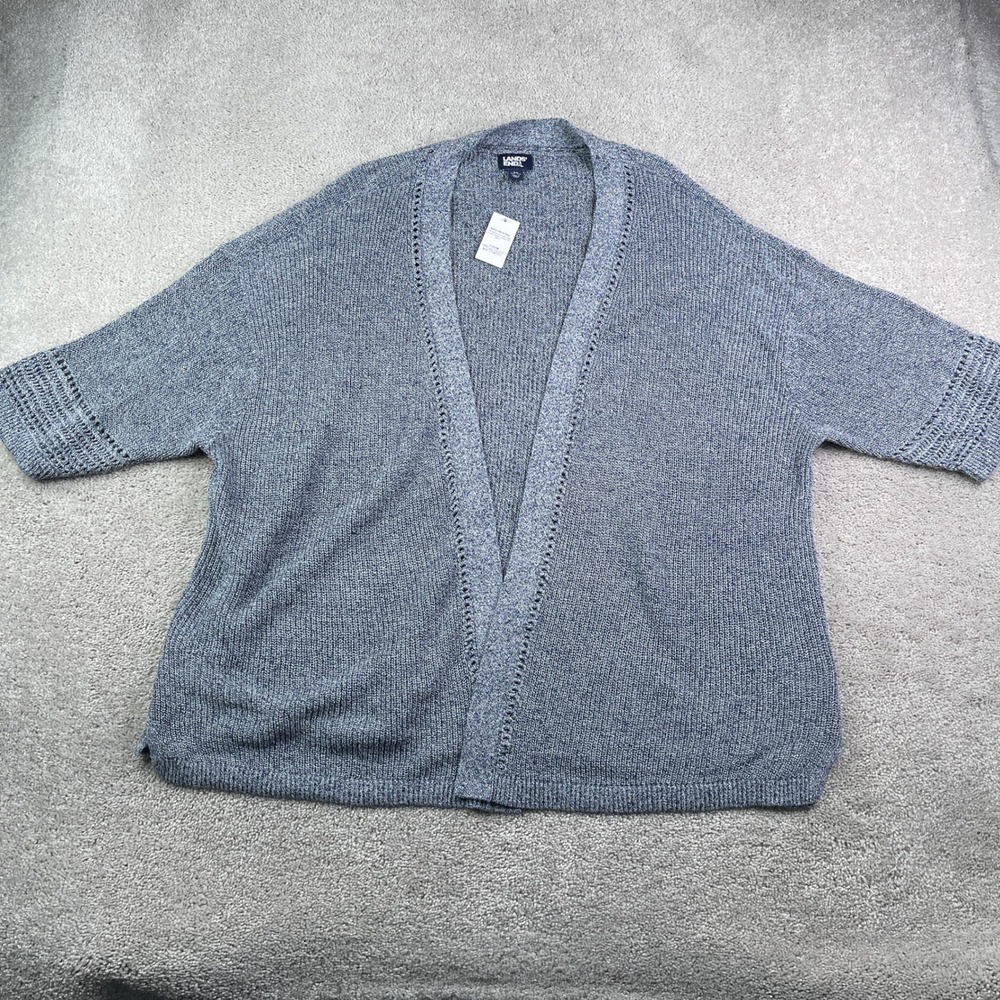 Lands End Cardigan Sweater Womens 3X Blue Linen Cotton Open Front 3/4 Sleeve